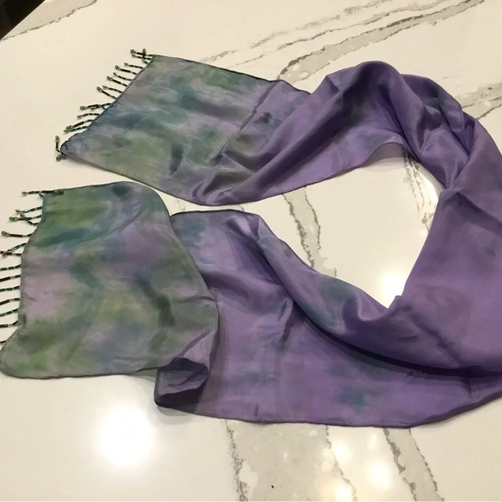 Purple & Green Silk Scarf with Trim - Picture 4 of 5